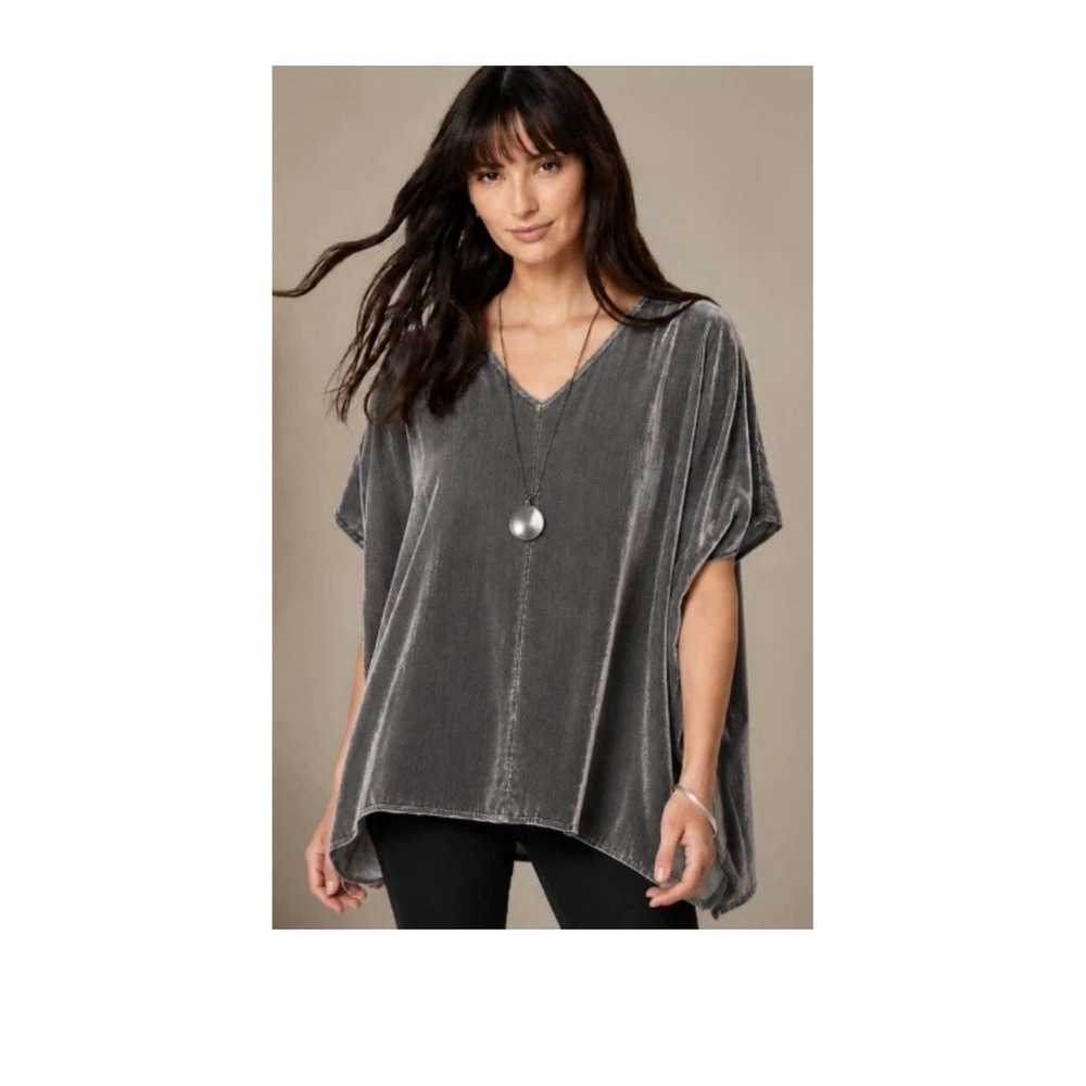 Pure Jill Elements Greystone Velvet Boxy V-Neck Blouse Tunic Small Relaxed Boho